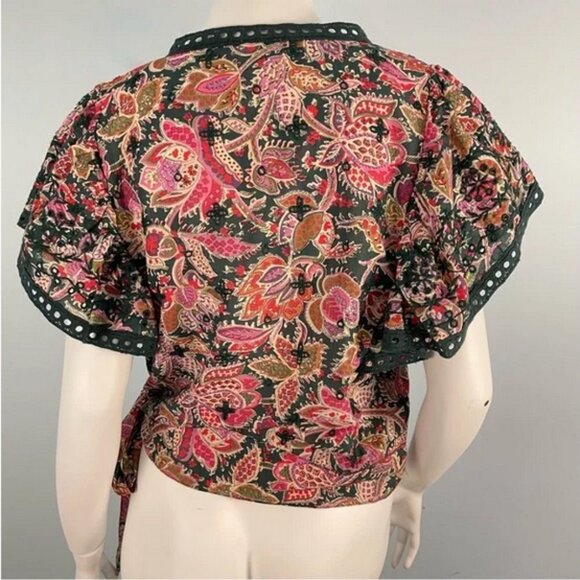 Jennifer Grace Paisley Print Faux Wrap Embroidered Flutter Sleeve Blouse (NWT) - Picture 9 of 13